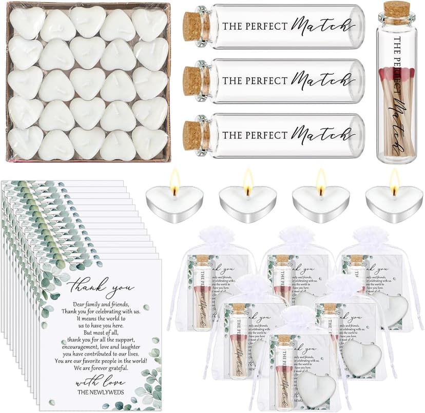 50 Sets Wedding Party Favors for Guests Bulk Including Mini Heart Shaped Candles and Empty Matches Jars with Cork Top Thank You Cards and Organza Bags for Wedding Bridal Shower Party Souvenir