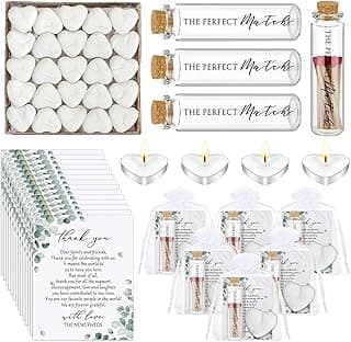 50 Sets Wedding Party Favors for Guests Bulk Including Mini Heart Shaped Candles and Empty Matches Jars with Cork Top Thank You Cards and Organza Bags for Wedding Bridal Shower Party Souvenir