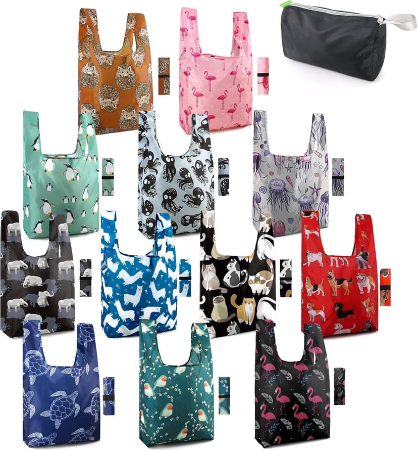 BeeGreen Reusable Grocery Bags Foldable 12 Pack Large Cute Totes - Heavy Duty Washable Holiday Cloth Gifts Bag with Handles, Reusable Gift Bulk Shopping Bags for Groceries for Women Animal Lover​