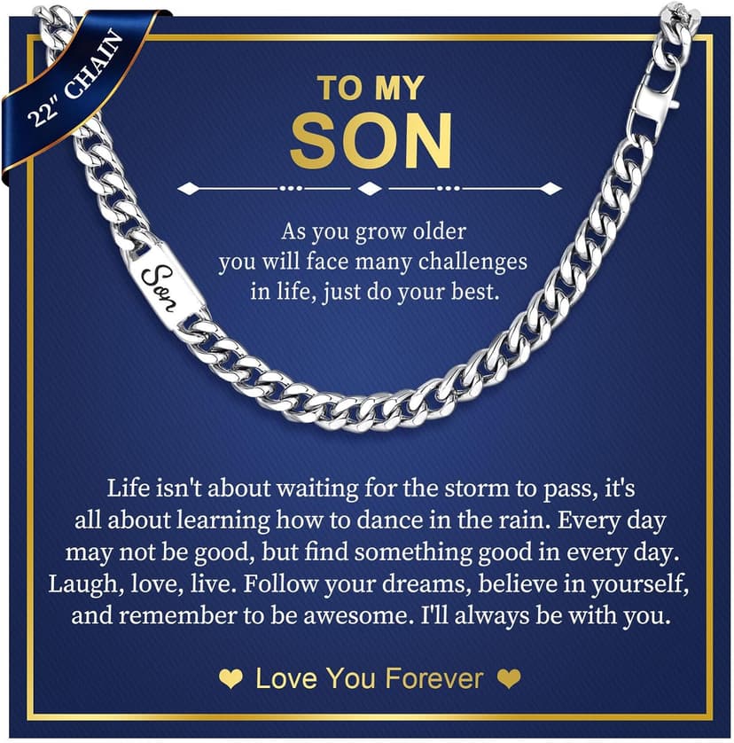 MEALGUET Stocking Stuffers 2025 Idea for Teen Boys Brother Son Grandson Love You Forever Engraved Stainless Steel Cuban Link Chain Necklace for Men Curb Chains Necklaces Jewelry Gift with Card