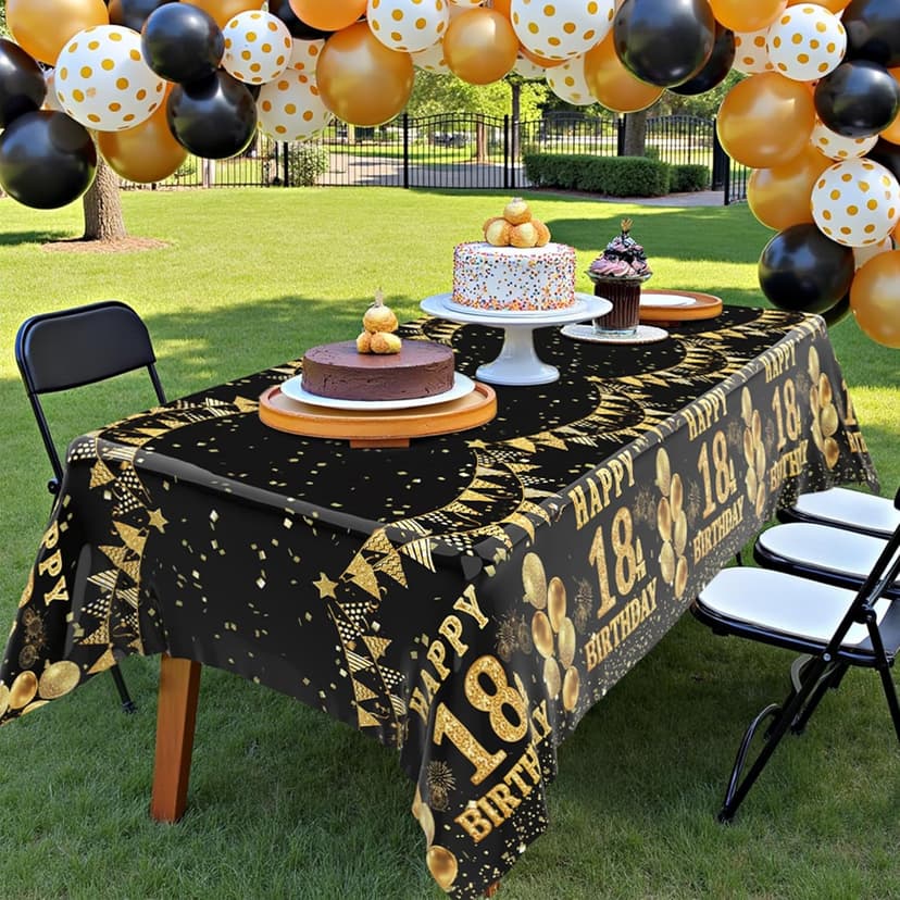 Labeol 3 Pack 18th Birthday Tablecloth, Black and Gold Happy 18th Birthday Decorations, Disposable Plastic Rectangular Table Cover Party Supplies for Boys Girls