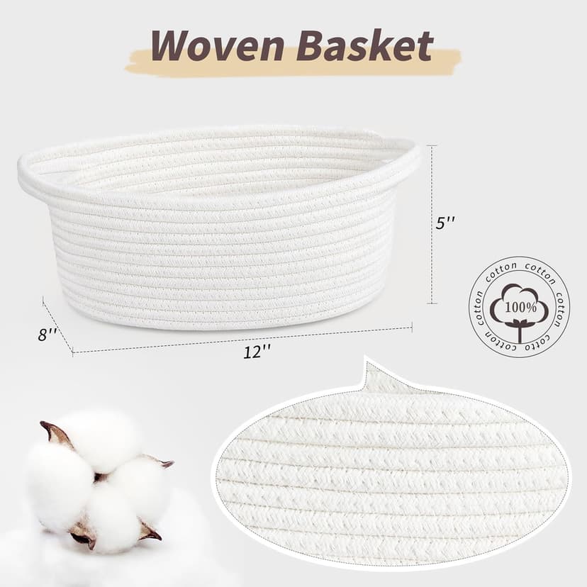 Pro Goleem Small Woven Basket with Gift Bags and Ribbons Durable Baskets for Halloween Gifts Empty Small Rope Basket for Storage 12"X 8" X 5" Baby Toy Baskets with Handles, White