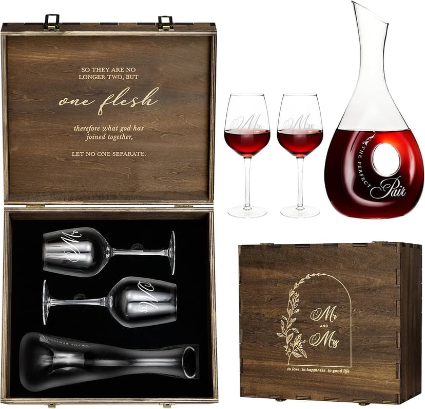 AW BRIDAL Mr and Mrs Wine Glasses and Decanter Set, Wedding Bridal Shower Engagement Gift for Couples 2025, Wedding Glasses for Anniversary Bride Bachelorette with Wood Keepsake Box