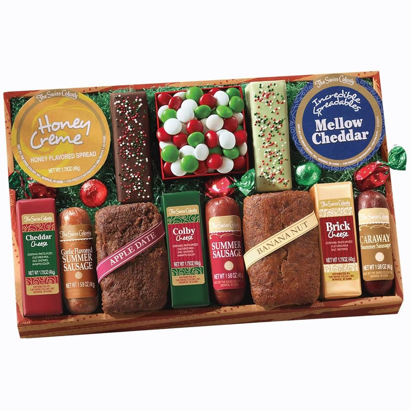 The Swiss Colony Lucky 13 Feast – Holiday Food Gift with Summer Sausages, Cheese Bars, Breads, Mini Tortes & Candies – Gift Basket for Adults, Women, Men – Candy Gift, Meats and Cheeses
