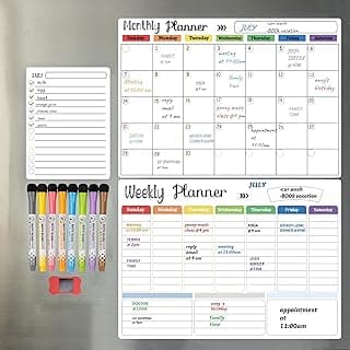 Hivillexun Magnetic Dry Erase Calendar Whiteboard Set (3-Pack) for Fridge, Wall, and Refrigerator Organization – Monthly, Weekly, and Daily Planners with 8 Markers and Eraser