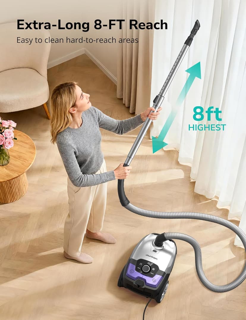 Canister Vacuum,1700W/45KPA Bagged Vacuum Cleaner,5L Large Capacity,Auto Cord Rewind,HEPA Filter,Low Noise,7.5M Cleaning Radius,Variable Power Control,Easy to Push,Hard Floor,Pet,Carpet,Upholstery,Car