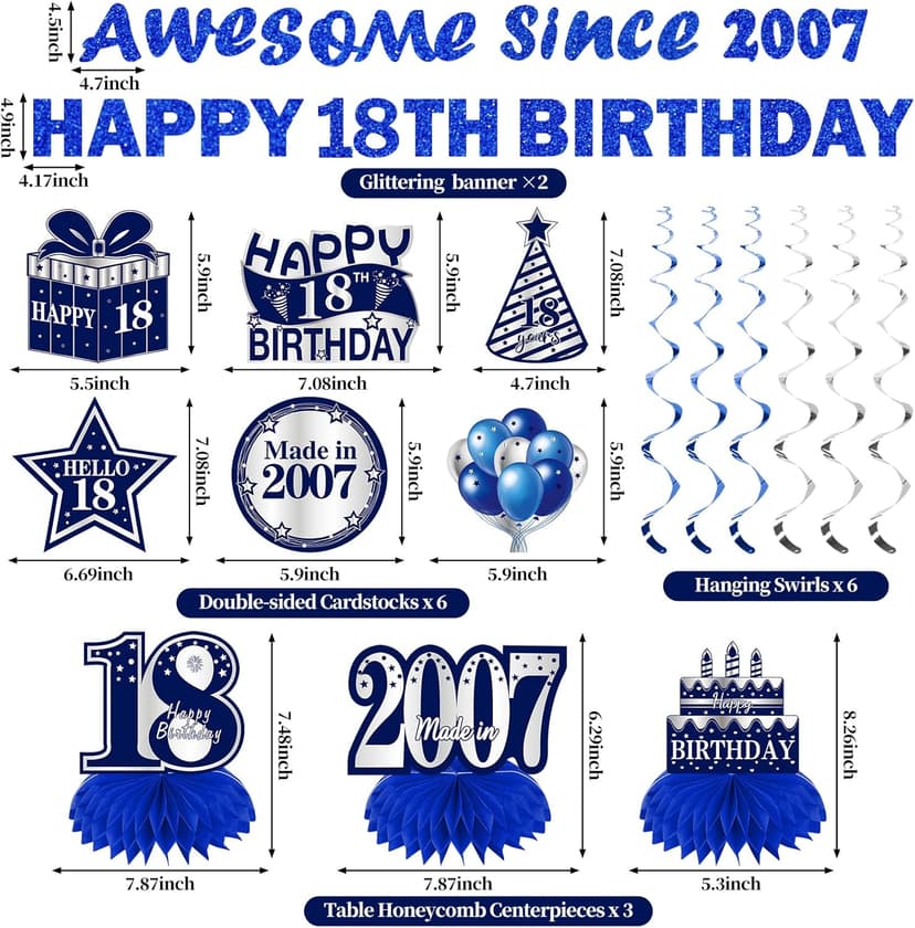 11Pcs 18th Birthday Decorations Kit for Boys Men, Blue Sliver Happy 18th Birthday Banner, Awesome Since 2007 Centerpieces Swirls Party Supplies, Eighteen Bday Banner Ceiling Table Topper Sign