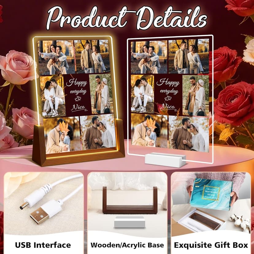 Personalized Valentines Christmas Gifts For Couple Him Her, Custom LED Picture Frame With Photo Night Light, Customized Anniversary Birthday Gifts For Women Men Boyfriend Girlfriend Husband Wife