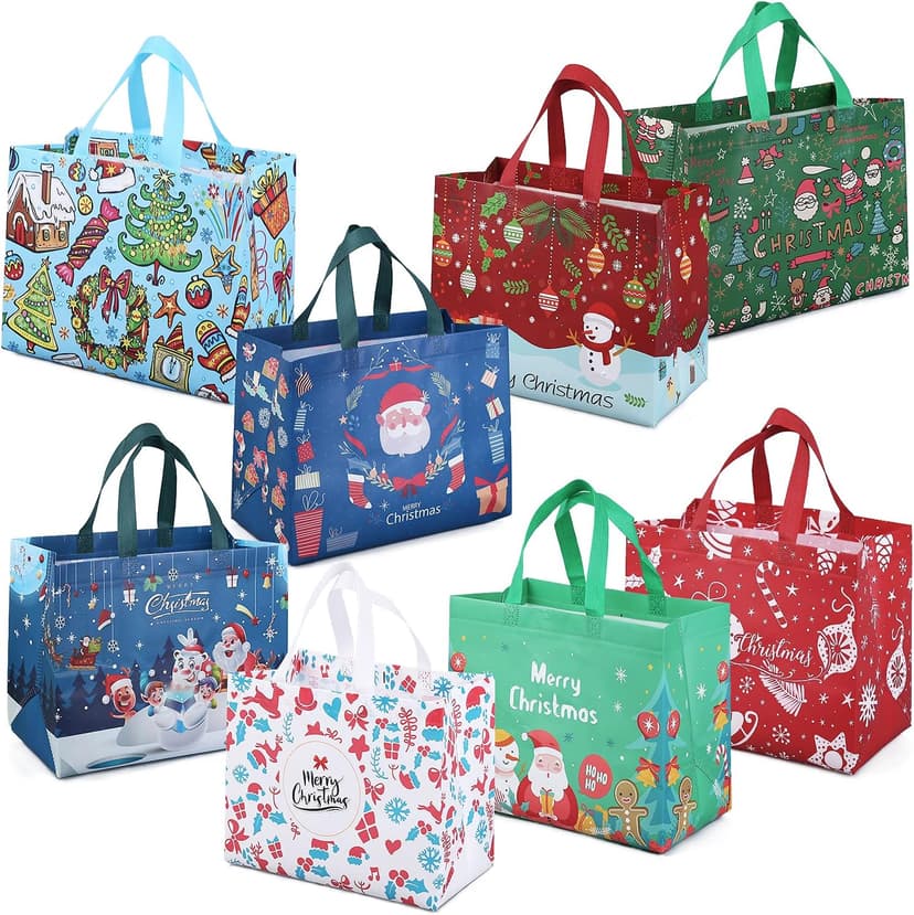 PARSUP 8PCS Christmas Gift Bags, Non-Woven Christmas Bags with Handles, Treat Tote for Gifts Wrapping Shopping, Xmas Party Supplies