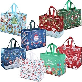 PARSUP 8PCS Christmas Gift Bags, Non-Woven Christmas Bags with Handles, Treat Tote for Gifts Wrapping Shopping, Xmas Party Supplies