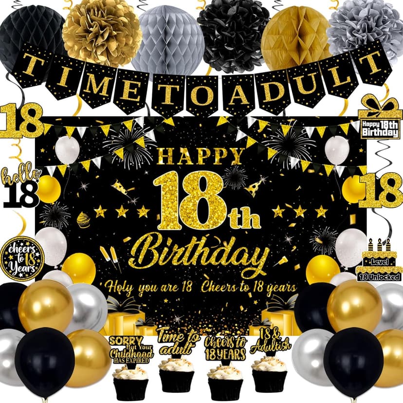 18th Birthday Decorations for Boys Girls, Black Gold Happy 18th Birthday Party Decorations, Time To Adult Birthday Banner, Backdrop, Balloons, Hanging Swirls, BIrthday Cards, Cake Topper, Pompom 52pcs