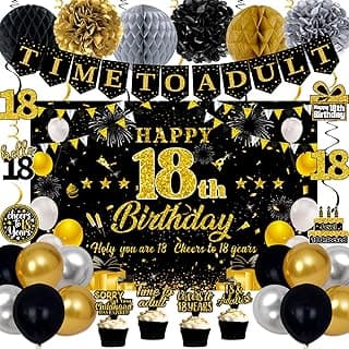 18th Birthday Decorations for Boys Girls, Black Gold Happy 18th Birthday Party Decorations, Time To Adult Birthday Banner, Backdrop, Balloons, Hanging Swirls, BIrthday Cards, Cake Topper, Pompom 52pcs