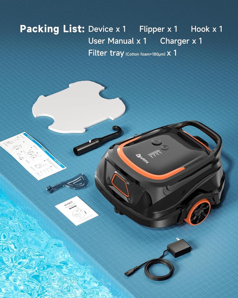 Robotic Pool Vacuum for Above Ground Pools, Dual Filters, Self-Parking, 120-Min Runtime & 2.5h Fast Charging, Powerful Suction, Ideal for Flat Pools up to 1076 sq.ft (Black Tangerine)