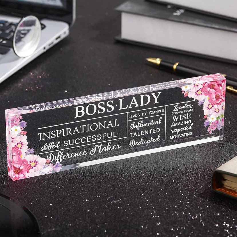 Pinkunn Boss Lady Gifts for Women Inspirational Quotes Office Gifts for Women Acrylic Boss Lady Office Decor Birthday Appreciation Keepsake and Paperweight for Leader(Classic Style)