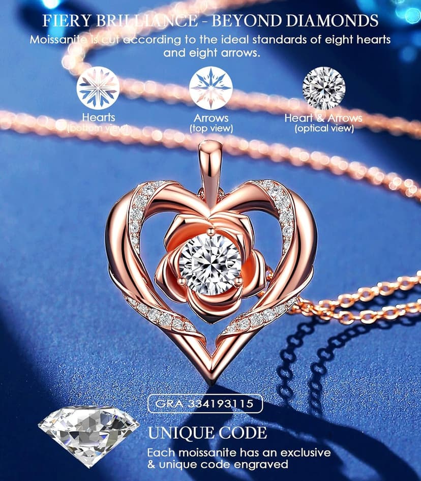 Rose Flower Heart Moissanite Necklaces for Wife, S925 Silver Pendant for Women, 18K Gold Plated Jewelry for Her Girlfriend Mom for Anniversary Birthday