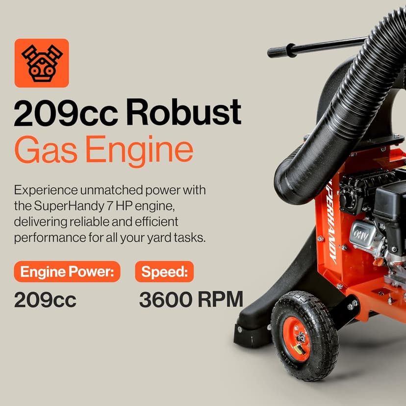 SuperHandy Leaf Vacuum & Wood Chipper - 7 HP 209CC Gas Engine, 10:1 Mulch Ratio, 6 Bushel Bag Capacity, Castor Wheels, Dual Function: Walk-Behind Leaf Vacuum Mulcher & Wood Chipper