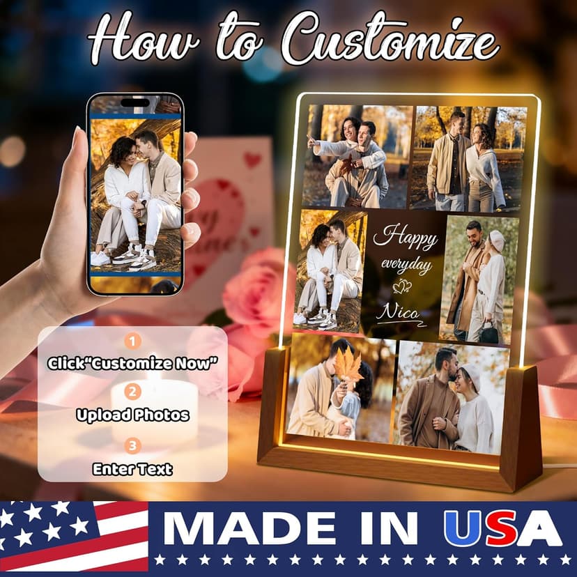Personalized Valentines Christmas Gifts For Couple Him Her, Custom LED Picture Frame With Photo Night Light, Customized Anniversary Birthday Gifts For Women Men Boyfriend Girlfriend Husband Wife