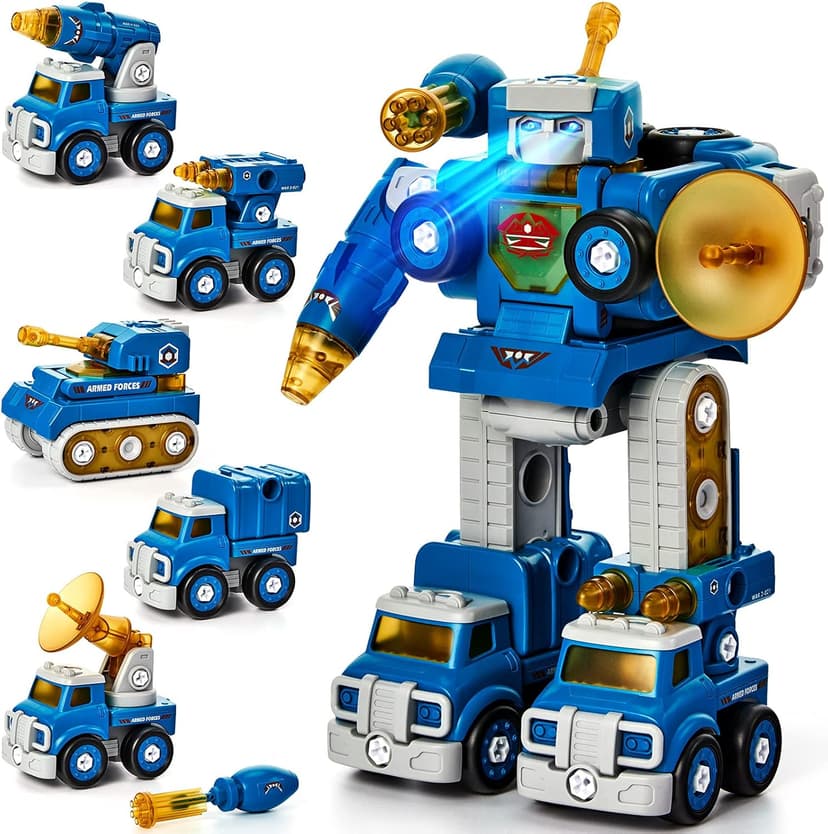 hahaland Toys for 5 Year Old Boy Birthday Gift - STEM Boys Toys for 6 Year Old Boy Age 6-8 Years, 5 in 1 Building Take Apart Trucks Transform to Robot, Kids Ages 5-7 Christmas Stocking Stuffers Gifts