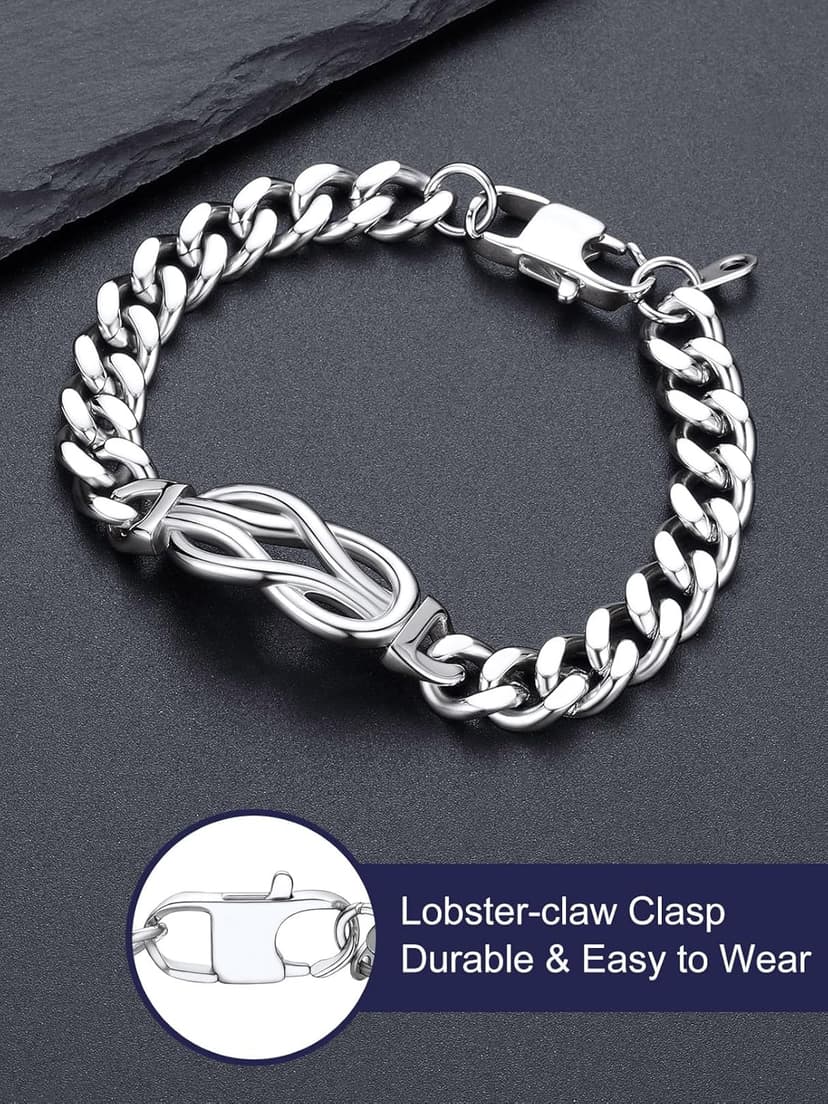 Bandmax Inifinity Love Knot Cuban Link Chain Bracelets for Men Stainless Steel/Black Mens Bracelet with Love Message Card Gift for Son Grandson Husband Father