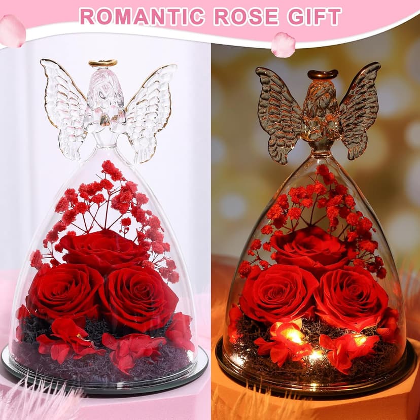 Mothers Day Mom Gifts for Women Preserved Flowers in Glass Angel Forever Flowers Gifts Eternal Roses Gifts for Grandma - Red