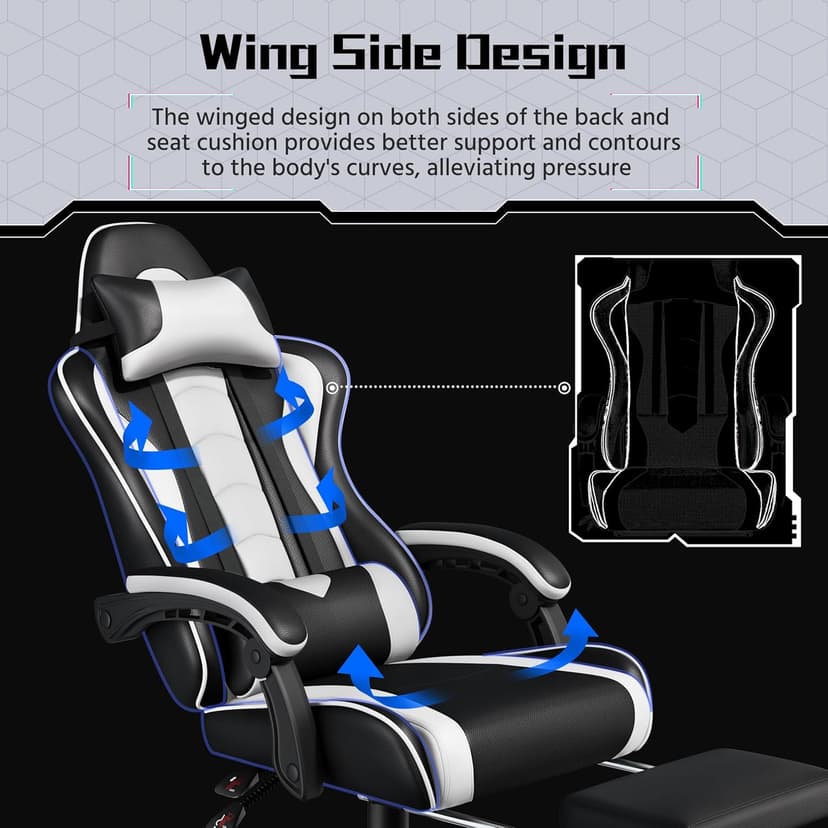 Yaheetech Gaming Chair, Video Game Chair with Massage Lumbar Support and Footrest Height Adjustable Ergonomic Computer Gaming Chair with Swivel Seat and Headrest, Black/White