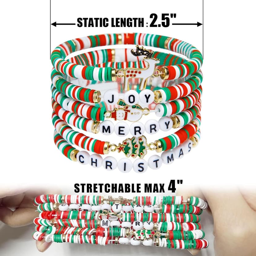 Artlunar 6 Pack Christmas Bracelets: Joy & Merry Candy-Style Stacks for Women & Teens - Perfect Christmas Gifts - Age 3 to Adult
