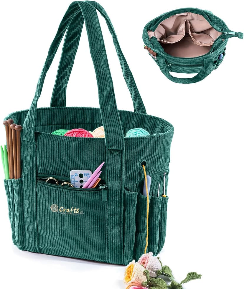 Crochet Bag and Tote - Corduroy Yarn Bag - Yarn Holder for Crocheting - Crochet Storage Bag for Crochet Hooks, Crochet Accessories, Knitting Bag for Crochet Lovers, Mother's Day Gift