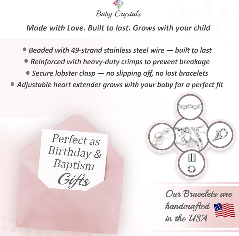 Baby Crystals Pearl Bracelets for Girls, Sterling Silver Cross Charm, Baptism Gifts for Girl, Baby Bracelet with Simulated White Pearls and Crystals, Girls Jewelry Birthday Gift