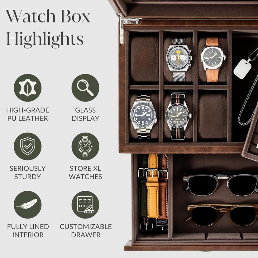 TAWBURY 6 Slot Watch Box for Men - Luxury Watch Jewelry Box for Men with Storage for Sunglasses, Cufflinks | Men's Jewelry Box with Watch Storage | Watch Display Case (Brown)