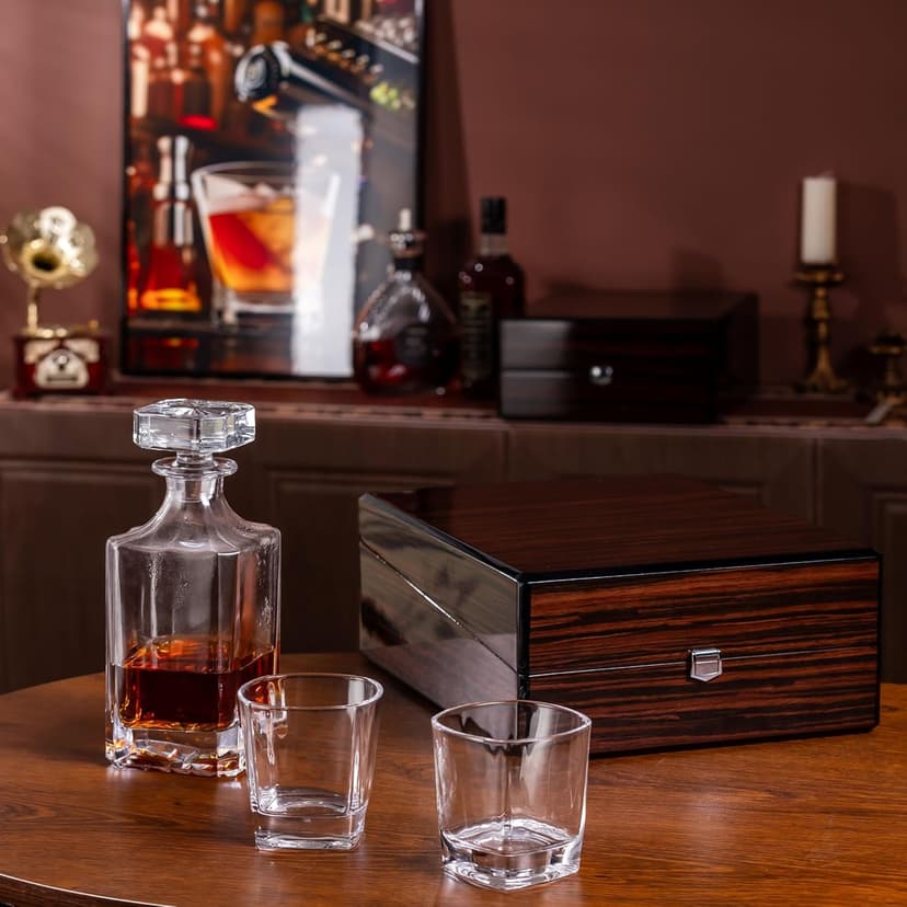 Premium Wood Gift Box w/Decanter Set - 2 Rock Glasses, Crystal Decanter, Bourbon, Whiskey, Gifts for Men, Dad, Father’s Day, Birthday, Weddings, Groomsman, Gift Ideas