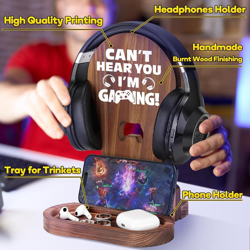 Slothoem-Gamer Gifts for Men Teenage Boy, Gamer Room Decor for Brother, Gaming Gifts for Son, Boyfriend, Husband, Gamer Room Accessories Stuff, Wooden Headset Stand - Can't Hear You I'm Gaming