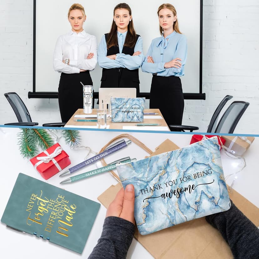 Domensi 6 Pcs Employee Appreciation Gift Set for Women Female Christmas Thank You Gift May You Be Proud 20 oz Rustic Marble Sign Tumbler Makeup Bag Journal for Teacher Nurse Lady Work Business(Blue)