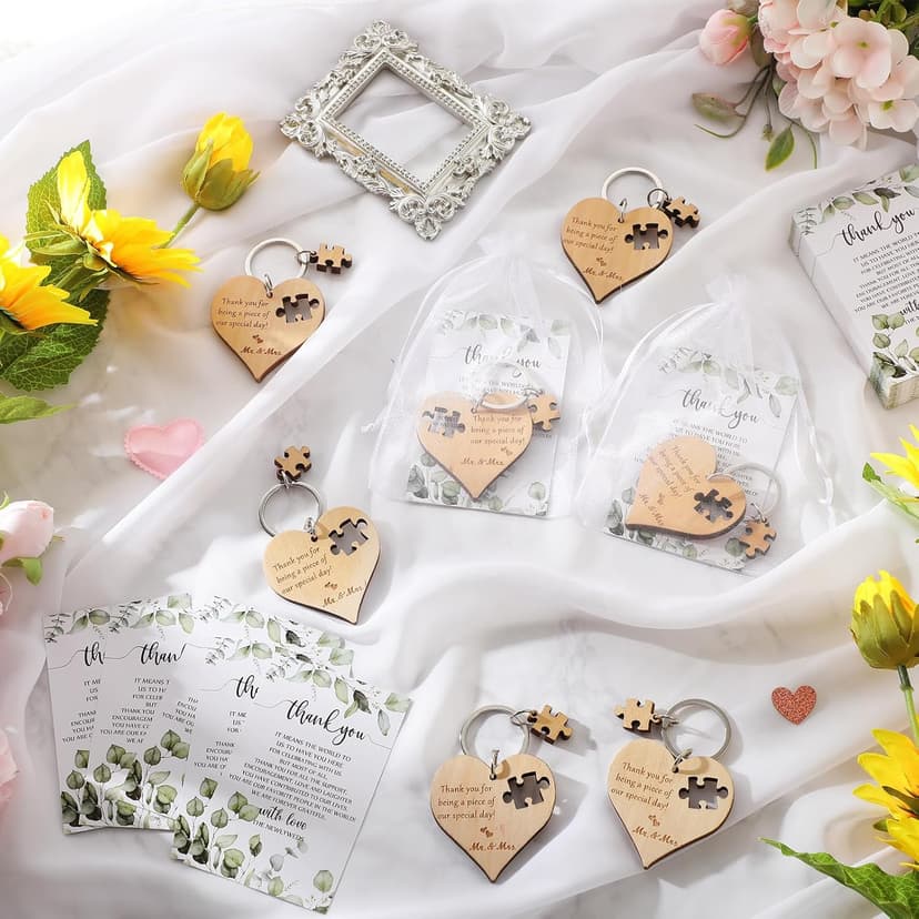 Wedding Favors for Guests Wood Heart Puzzle Keychains Thank You Cards Gift Bag Bridal Shower Souvenir Gifts(50 Sets)