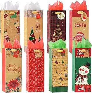 Nihuecne 16 Pack Christmas Wine Bags with Tags & Tissue Paper for Xmas Holiday Gift Wrap,8 Designs (5 x 13 x 4 In)