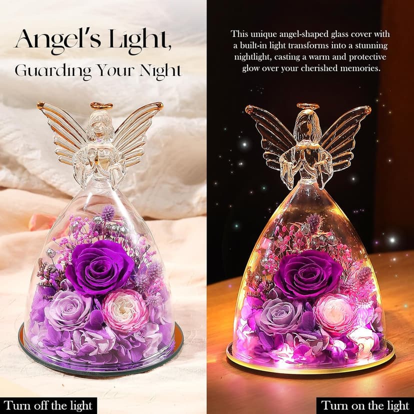 RoseValley Angel Roses Gifts for Mom,Preserved Real Flowers Roses in Glass Angel Figurines,Christmas Birthday Gifts for Grandma Women Mom Wife Mother in Law/Purple