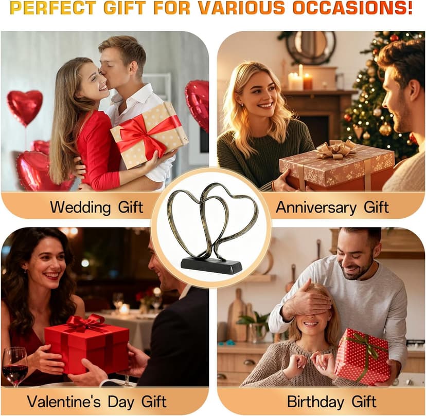 Anniversary Wedding Gifts for Couple - Two Hearts and Cross Iron Sculpture, 1st to 50th for Her and Him,Decorative Hearts Statue Includes Present Box and Poem Card