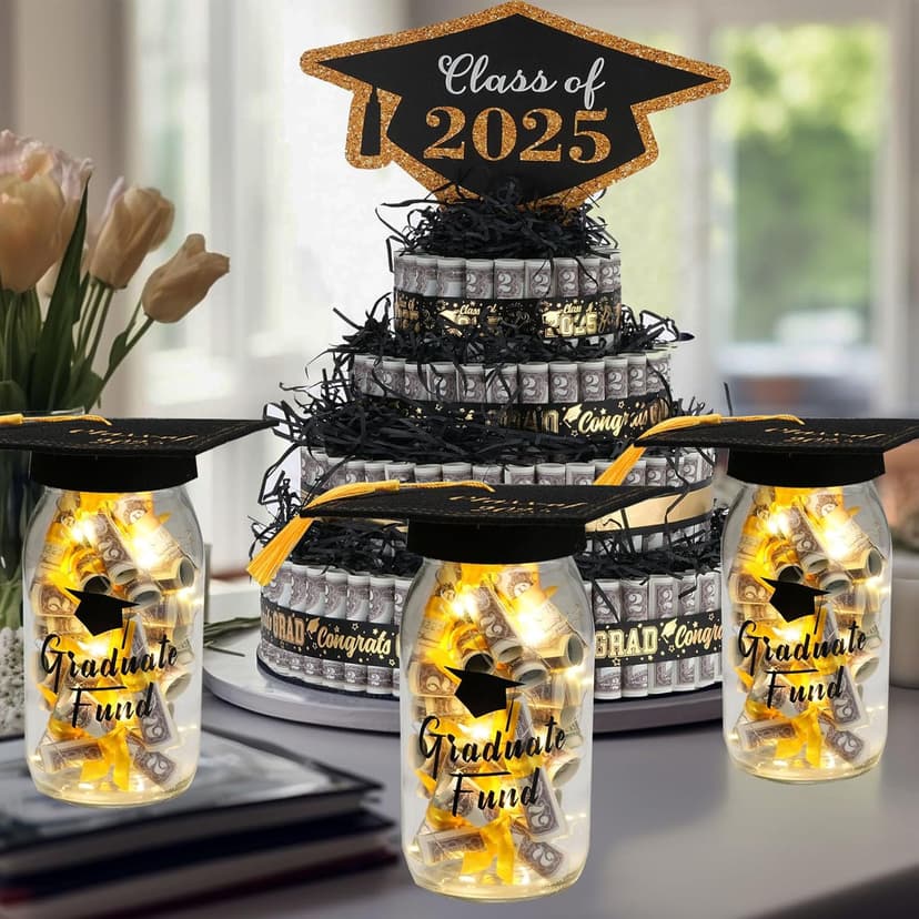 2025 Graduation Gifts for Her/Him- Lighted Graduation Mason Jar Filled with Money & Class of 2025 Cap Kit,Graduation Decorations Class of 2025 Graduation Centerpieces, Money Gift Ideas for Boys Girls