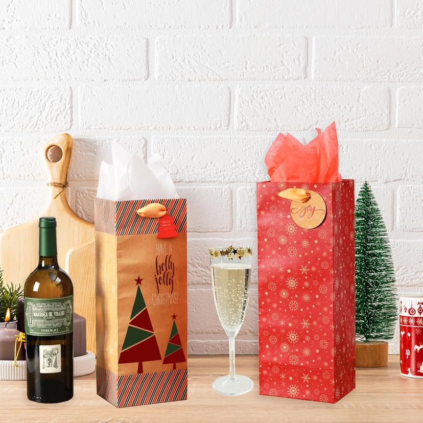 Nihuecne 16 Pack Christmas Wine Bags with Tags & Tissue Paper for Xmas Holiday Gift Wrap,8 Designs (5 x 13 x 4 In)