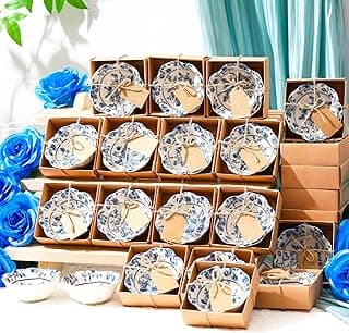 24 Pcs Wedding Favors for Guests Small Ceramic Bowl Bulk Gifts Set 3.3 Inch Floral Design Mini Dipping Bowl Sauce Dish with Cards Box for Bridal Baby Shower Birthday Guest Gift (Blue)