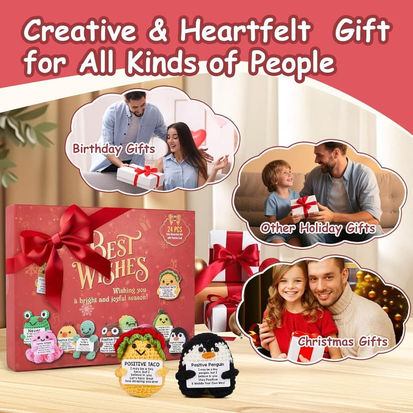 Advent Calendar 2025, 24 Days Positive Crochet Animals Christmas Countdown Calendar for Kids, Teens, Adults, Handmade Emotional Support Crochet Toys with Positive Card for Birthday, Christmas Gifts