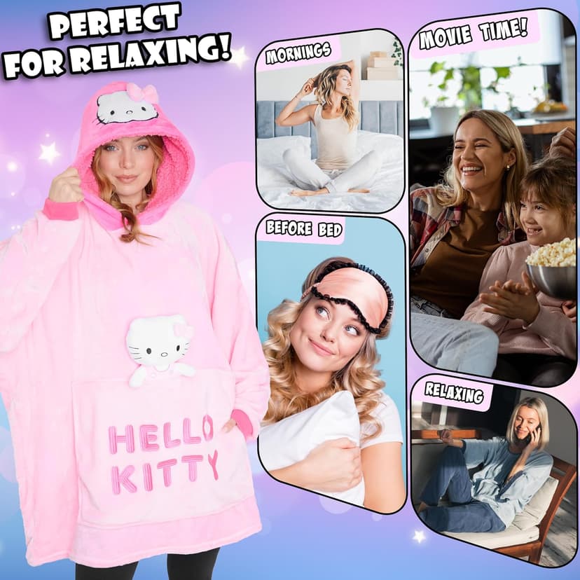 Hello Kitty Blanket Hoodie for Women Teens Wearable Blanket Sherpa Lined Fleece