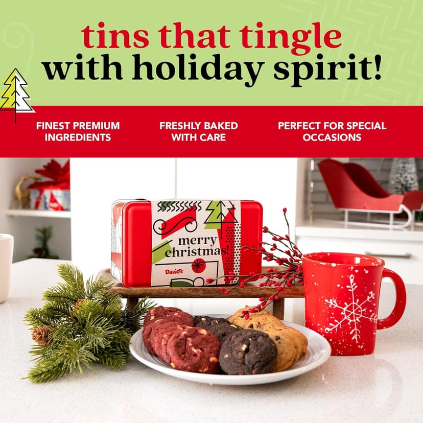 David's Cookies Merry Christmas Mini Cookies in Sweet Sampler Tin - Assorted Mini Christmas Cookies with Chocolate & White Chocolate Chip and Red Velvet - Gourmet Cookie Gift Basket for Holidays 14oz
