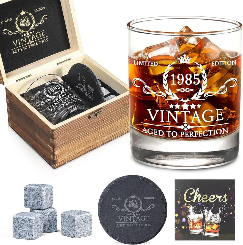 40th Birthday Gifts for Men Whiskey Glass Set - 40th Birthday Decorations, Party Supplies - 40 Year Anniversary, Bday Gifts Ideas for Him, Dad, Husband, Friends - Wood Box & Whiskey Stones & Coaster