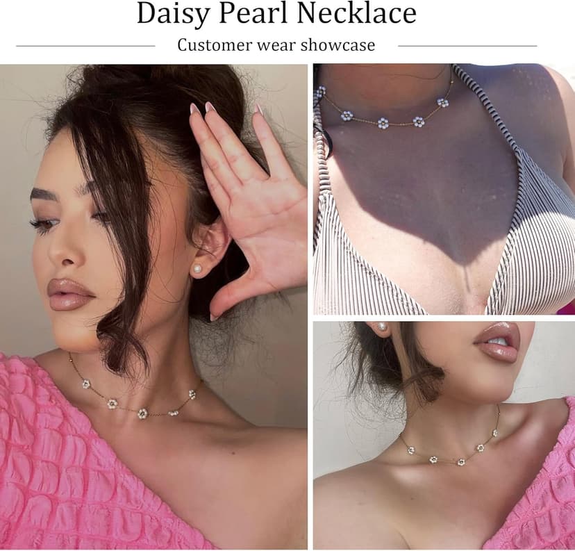 SmileBelle Pearl Necklaces for Women, Daisy Pearl Choker as Christmas Stocking Stuffers for Teens, Silver Daisy Pearls Jewelry Trendy Stuff Birthday Gifts 3 Pearls White Necklace as Wedding Jewelry