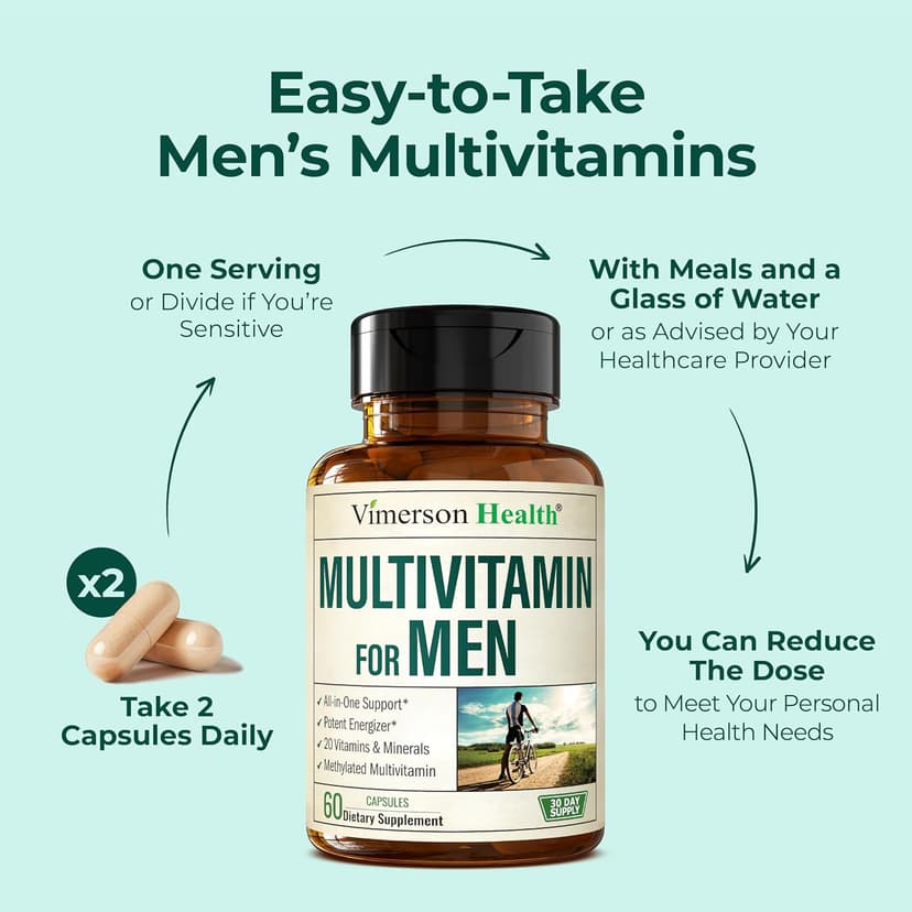 Vimerson Health Multivitamin for Men – Methylated Mens Multivitamins & Multiminerals Capsules with Vitamin B12, A, D, C, Zinc, Magnesium & More for Complete Daily Support – High Potency Bioavailable Vitamins for Men