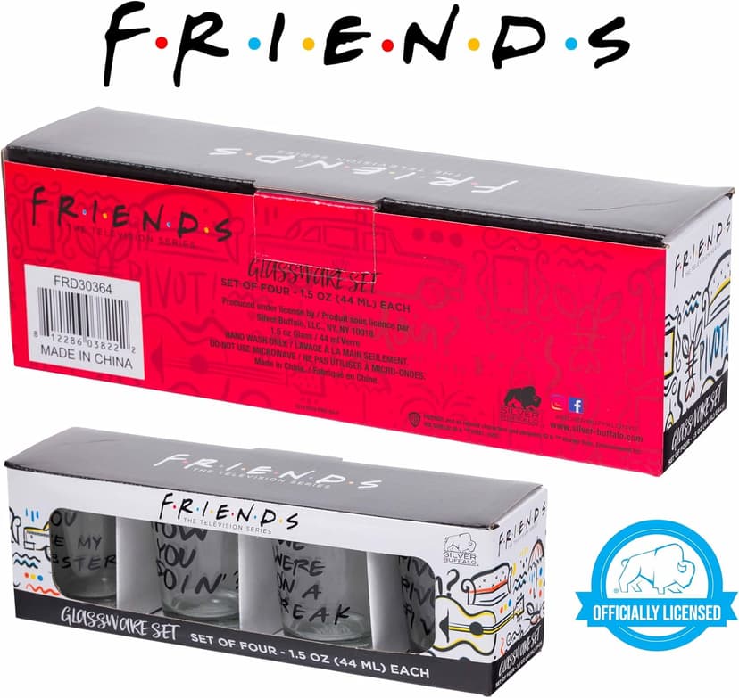 Silver Buffalo Friends Iconic Quotes "You're My Lobster," "How You Doin'" "Pivot," and "We Were On A Break!" 4 Pack Mini Glasses, 1.5 Ounces