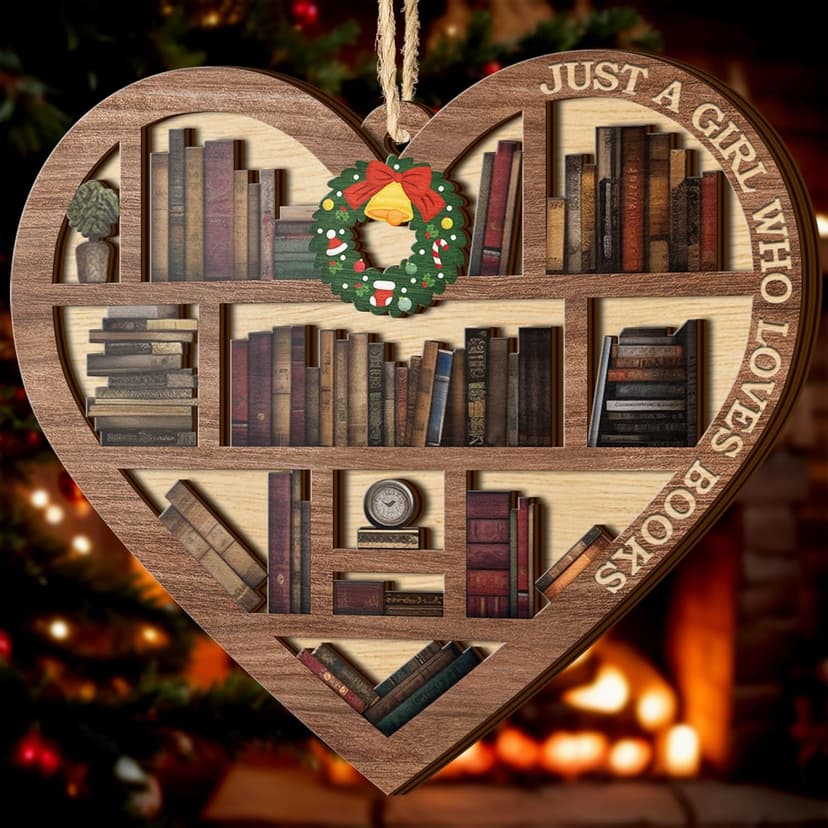 V VIBEPY All Over Printed, Book Lovers Ornaments, Bookshelf Heart Christmas Book Ornament 3.2"x3.5" 2 Layer, Gift for Girl Book Lovers, Gift Idea for Christmas