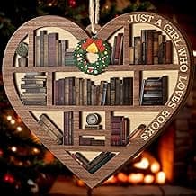 V VIBEPY All Over Printed, Book Lovers Ornaments, Bookshelf Heart Christmas Book Ornament 3.2"x3.5" 2 Layer, Gift for Girl Book Lovers, Gift Idea for Christmas