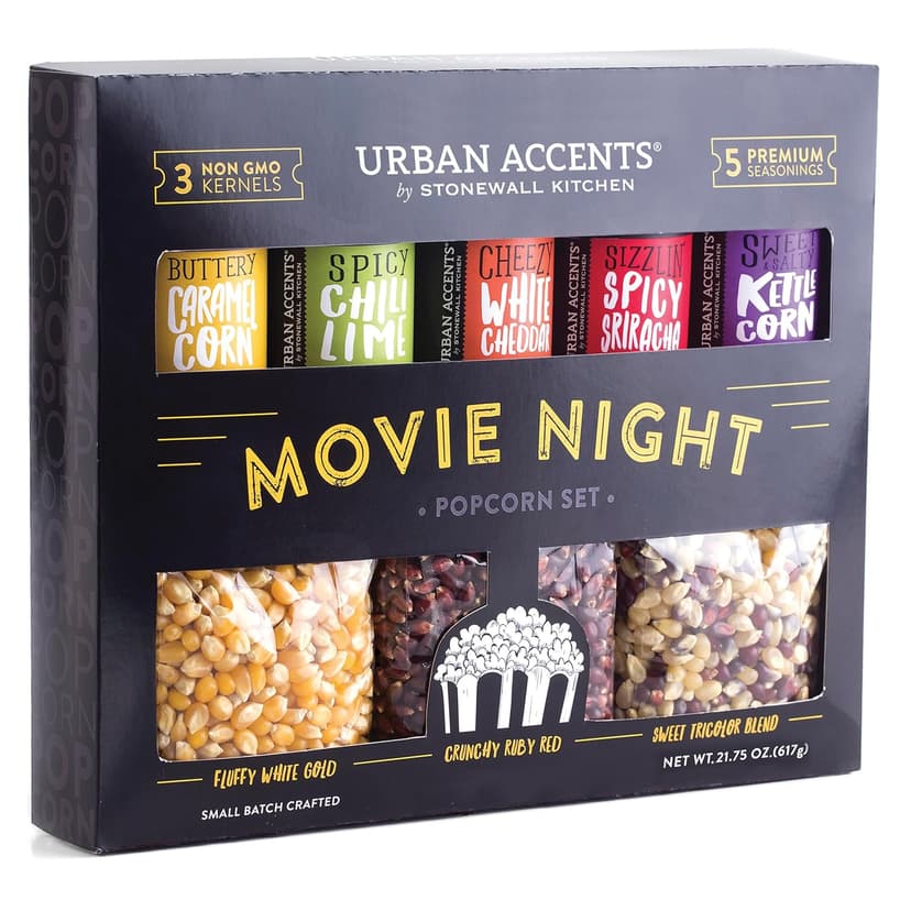 Urban Accents MOVIE NIGHT Popcorn Kernels and Popcorn Seasoning Variety Pack (set of 8) - 3 Non-GMO Popcorn Kernel Packs and 5 Gourmet Popcorn Snack Seasoning