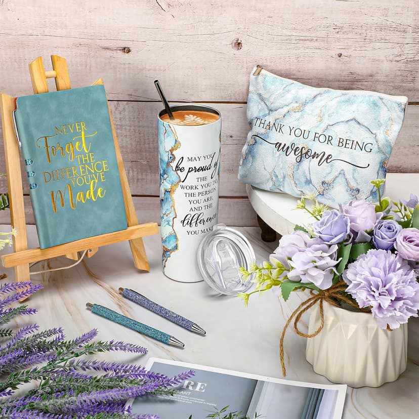 Domensi 6 Pcs Employee Appreciation Gift Set for Women Female Christmas Thank You Gift May You Be Proud 20 oz Rustic Marble Sign Tumbler Makeup Bag Journal for Teacher Nurse Lady Work Business(Blue)